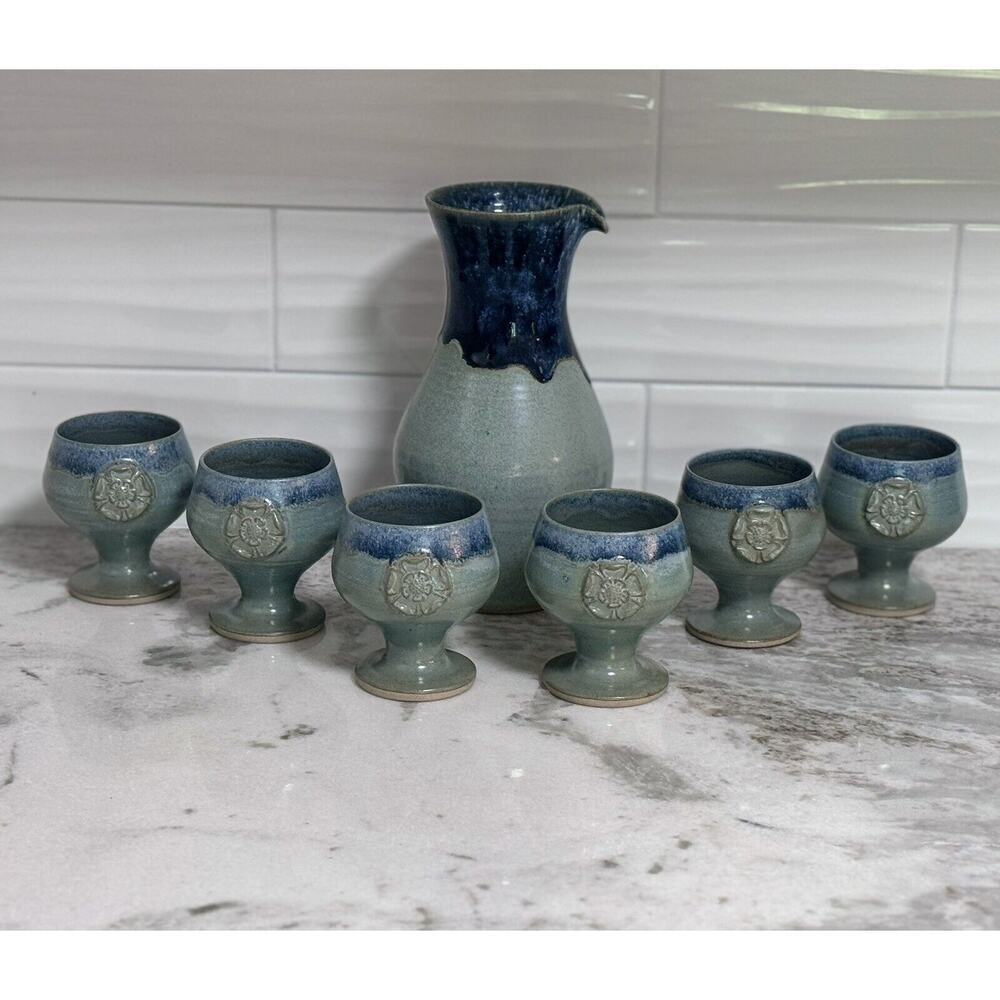Jenny Harper Signed Blacktoft Studio Pottery Blue Drip Glaze Goblets Pitcher Set